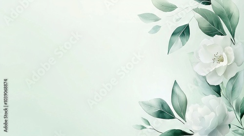   White flower with green leaves on light green background