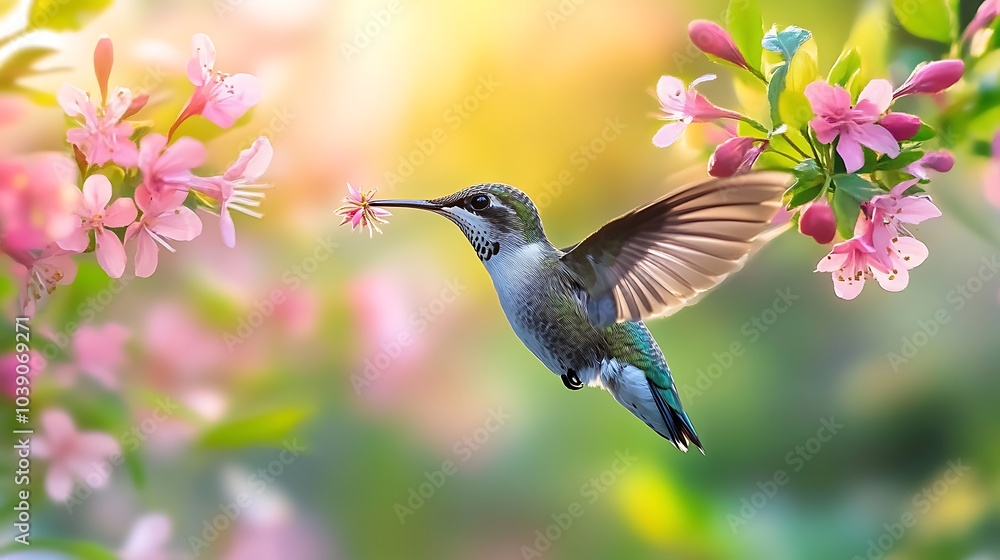 Obraz premium Hummingbird pollinating a flower in a sunny garden bird, nature, wildlife, flowers