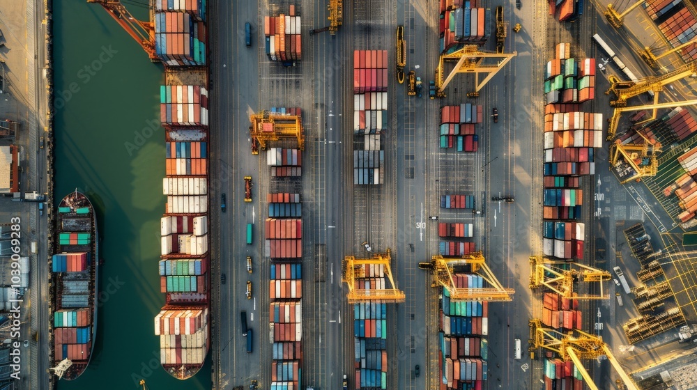 Obraz premium Aerial view of an industrial area with factories, warehouses, and shipping containers with