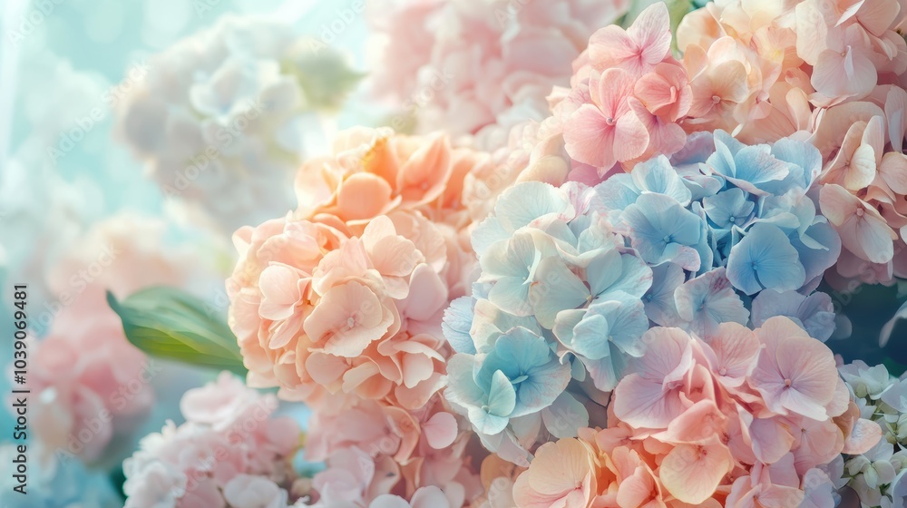 A delicate flower shop banner showcasing a pastel-toned bouquet of hydrangeas and peonies, with soft greenery in the background and space for the shop's tagline at the bottom A delicate flower shop banner showcasing a pastel-toned bouquet of hydrangeas and peonies, with soft greenery in the background and space for the shop's tagline at the bottom