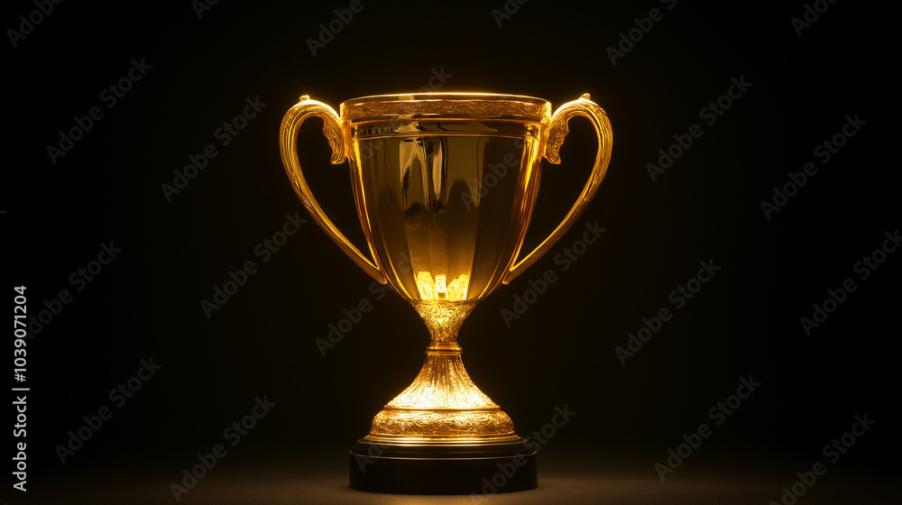 Golden trophy in spotlight against dark background, symbolizing victory, excellence, and recognition in award ceremony setting Golden trophy in spotlight against dark background, symbolizing victory, excellence, and recognition in award ceremony setting