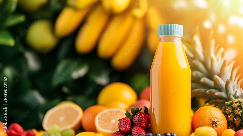 Fruit juice carton with bold contemporary illustrations, set amidst an assortment of colorful fruits on a sunlit breakfast table, vibrant sunlight, isolated on white background Fruit juice carton with bold contemporary illustrations, set amidst an assortment of colorful fruits on a sunlit breakfast table, vibrant sunlight, isolated on white background