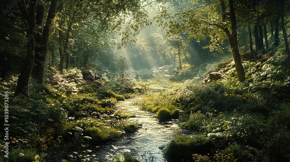 A serene forest scene depicting a gently winding stream flowing through lush vegetation. Sunlight filters through the canopy of leaves, creating dappled patches of light on the water and surrounding g A serene forest scene depicting a gently winding stream flowing through lush vegetation. Sunlight filters through the canopy of leaves, creating dappled patches of light on the water and surrounding g