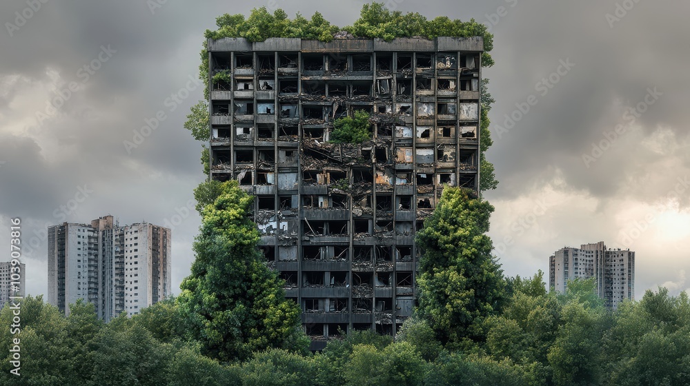Fototapeta premium a half-buried skyscraper, its windows shattered and its structure collapsing, with tall trees growing around and inside it, illustrating nature conquest over human-built environments