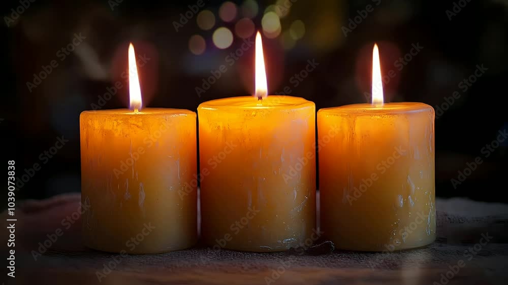 A few candles placed on an old wooden table, flickering flames illuminating the center of the table, while the edges fade into deep, mysterious darkness A few candles placed on an old wooden table, flickering flames illuminating the center of the table, while the edges fade into deep, mysterious darkness
