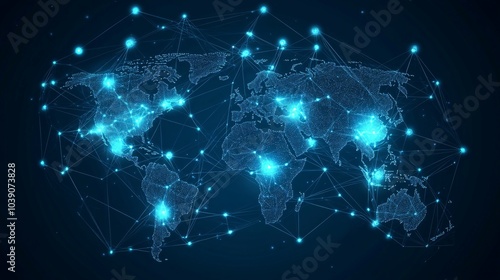 A Digital World Map with Illuminated Cities Connected by a Network of Lines