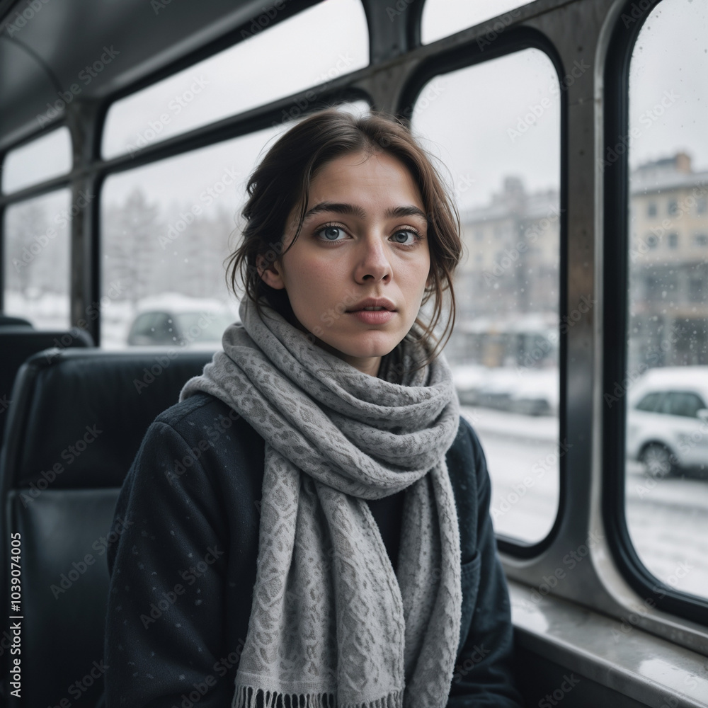 Young woman with a gray scarf, gazing out the window, during snowfall on a bus Young woman with a gray scarf, gazing out the window, during snowfall on a bus