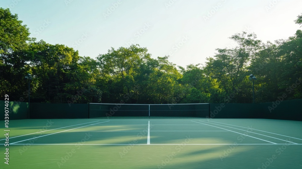 custom made wallpaper toronto digitalA tranquil outdoor tennis practice court with freshly painted lines and a backdrop of dense greenery and a clear sky, early morning light creating a serene ambiance, Minimalist style