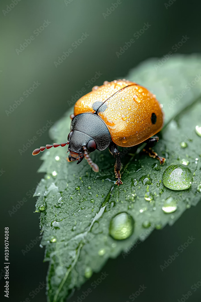 A macro shot of a spotted red ladybug perched on a vibrant flower, showcasing the intricate details of its tiny body amidst lush greenery A macro shot of a spotted red ladybug perched on a vibrant flower, showcasing the intricate details of its tiny body amidst lush greenery
