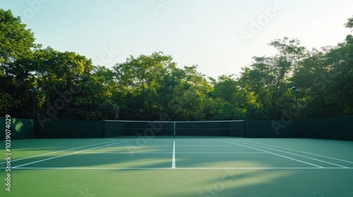 Wallpaper Mural A tranquil outdoor tennis practice court with freshly painted lines and a backdrop of dense greenery and a clear sky, early morning light creating a serene ambiance, Minimalist style Torontodigital.ca