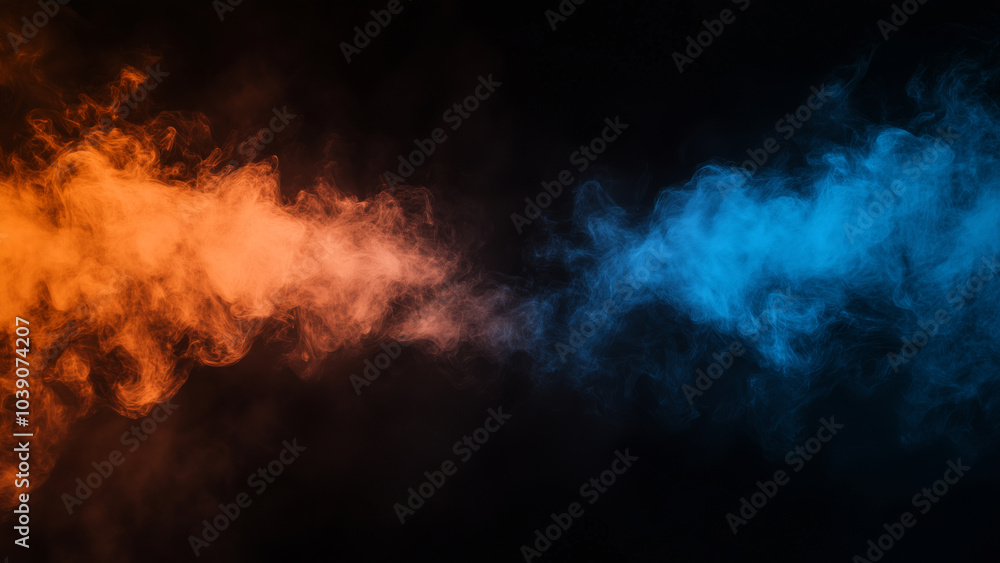 Glorious Fusion: Blue and Orange Mist Meeting on a Black Background Glorious Fusion: Blue and Orange Mist Meeting on a Black Background