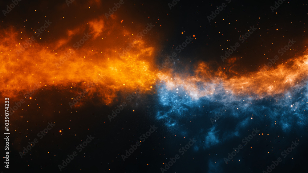 Fototapeta premium Glorious Fusion: Blue and Orange Mist Meeting on a Black Background