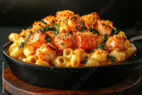 lobster mac and cheese, with chunks of lobster mixed into creamy macaroni