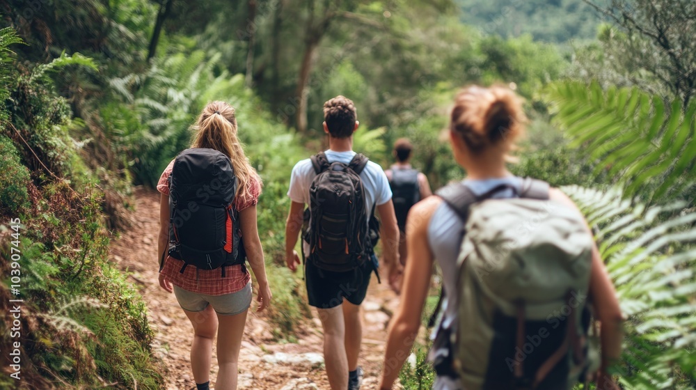 A group of friends hike through a lush green forest on a sunny day. A group of friends hike through a lush green forest on a sunny day.