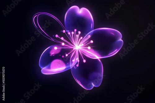 Neon pink cherry blossom flower icon isotated on black background.