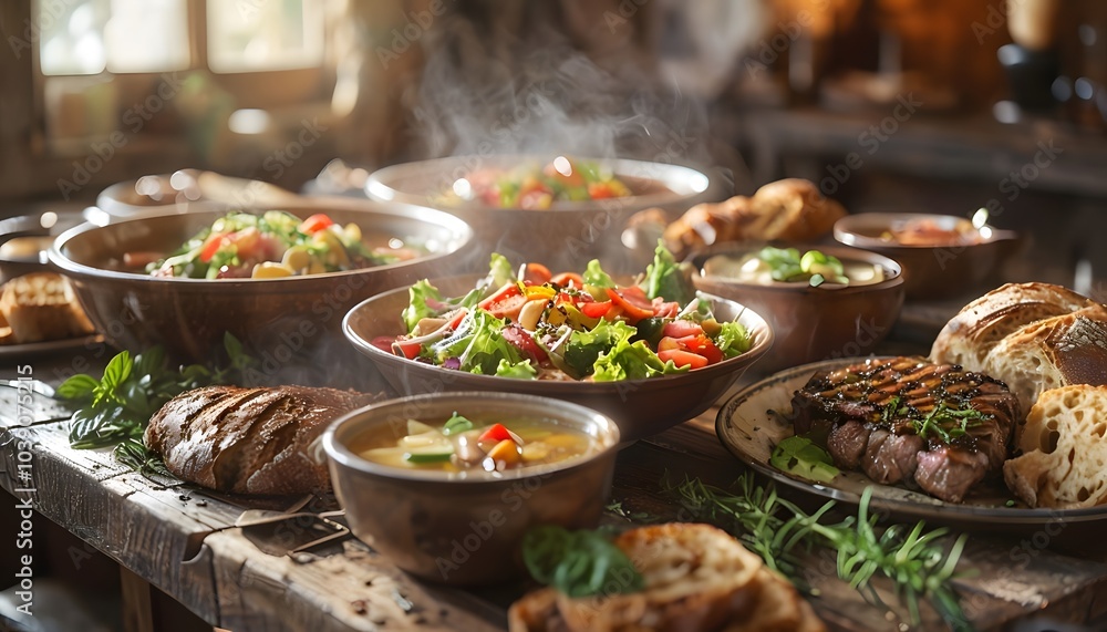 Obraz premium Rustic Table with Fresh Dishes