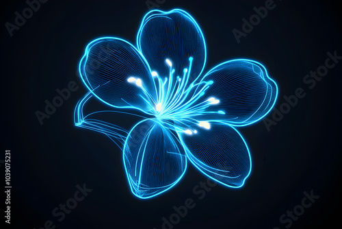 Neon blue cherry blossom flower icon isotated on black background. photo