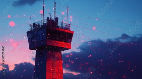 Control Tower at Dusk with Glowing Lights