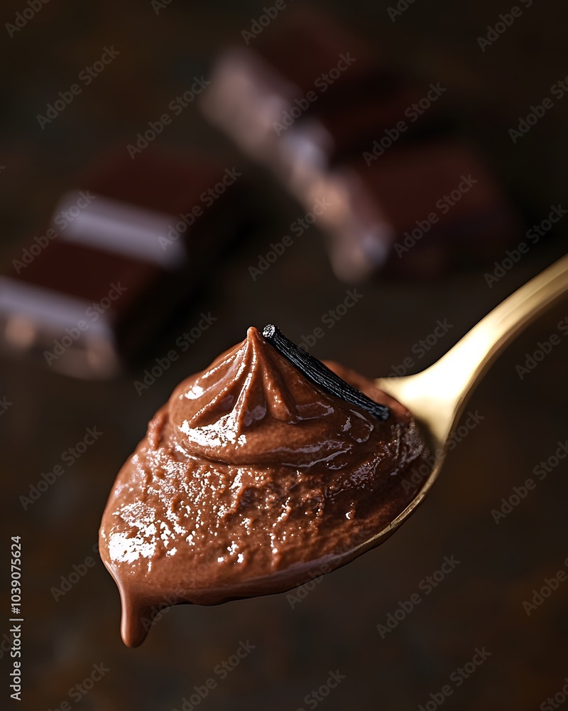 Fototapeta premium A spoonful of rich chocolate mousse garnished with a vanilla bean and chocolate squares in the background.