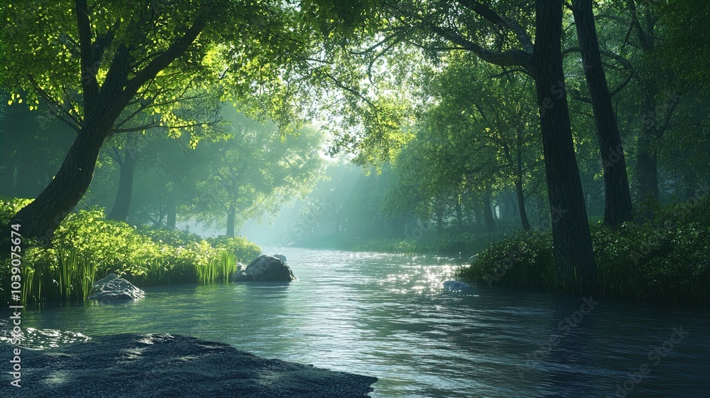A tranquil scene depicting a serene river flowing through a lush forest. The landscape is bathed in soft, dappled sunlight filtering through the dense canopy of vibrant green leaves. The foreground fe A tranquil scene depicting a serene river flowing through a lush forest. The landscape is bathed in soft, dappled sunlight filtering through the dense canopy of vibrant green leaves. The foreground fe