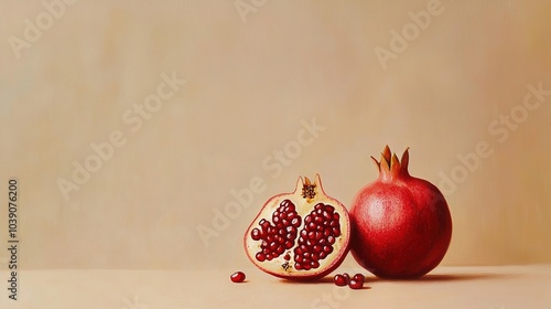  A pomegranate sits atop a table, beside a halved pomegranate