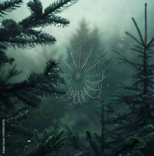 A photo of an intricate spider web hanging from the branches atop pine trees,... photo