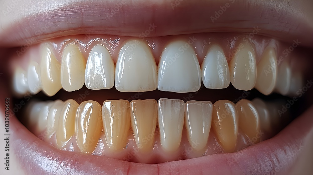 Visual comparison of tooth shade before and after one week of whitening strips, showing dramatic improvement from dull yellow to clean, white teeth Visual comparison of tooth shade before and after one week of whitening strips, showing dramatic improvement from dull yellow to clean, white teeth