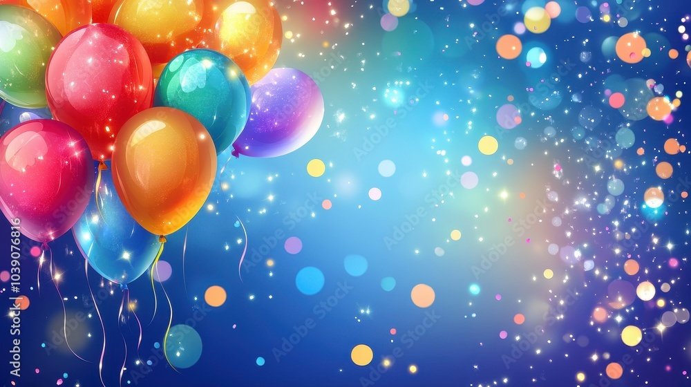 Colorful Balloons Floating Amidst Vibrant Confetti on a Sparkling Festive Blue Background Colorful Balloons Floating Amidst Vibrant Confetti on a Sparkling Festive Blue Background