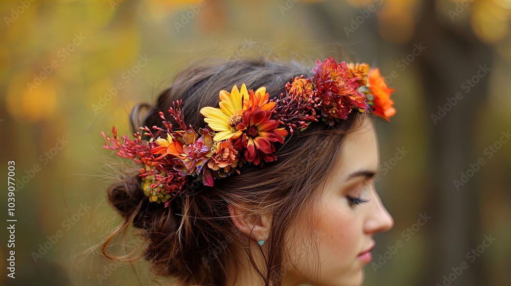 Naklejka premium A close-up portrait of a woman with long, dark hair styled in a loose bun. She is wearing a colorful floral crown made of yellow, orange, and red flowers, which adds a touch of vibrancy to her appeara