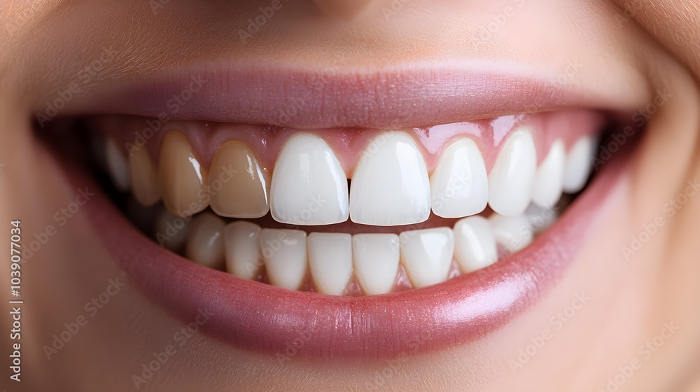 Obraz premium Side-by-side smile transformation, highlighting the contrast between stained teeth before whitening and the fresh, bright results post-treatment