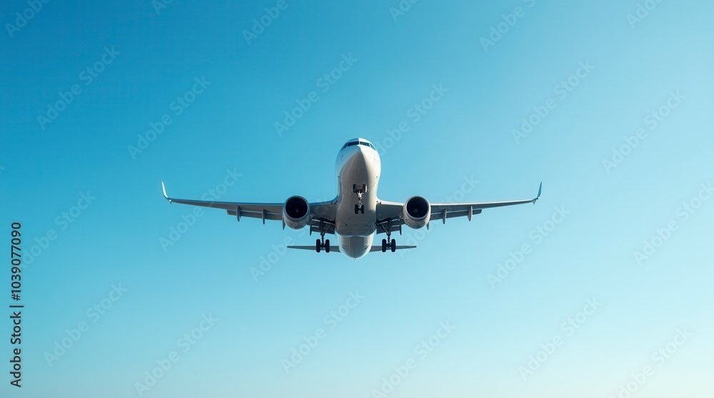Airplane in the blue sky flying airplane close up in the air Airplane in the blue sky flying airplane close up in the air