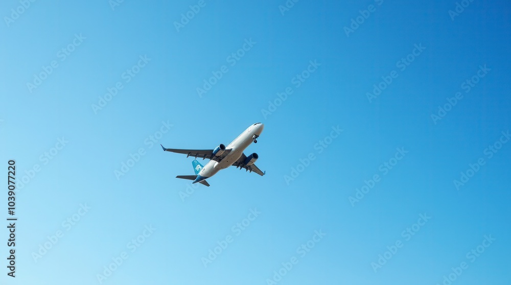Airplane in the blue sky flying airplane close up in the air Airplane in the blue sky flying airplane close up in the air