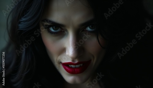 Wallpaper Mural Close-up of a vampire's face with blood-red lips and piercing eyes against a shadowy background Torontodigital.ca