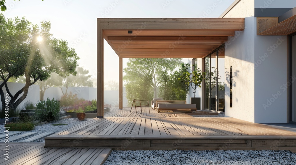 Fototapeta premium Modern Home Exterior with Deck and Garden at Twilight