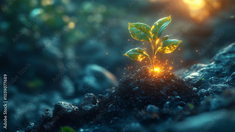 Surreal Renewal: Vibrant Green Shoots from a Glowing Seed in Chaos Surreal Renewal: Vibrant Green Shoots from a Glowing Seed in Chaos