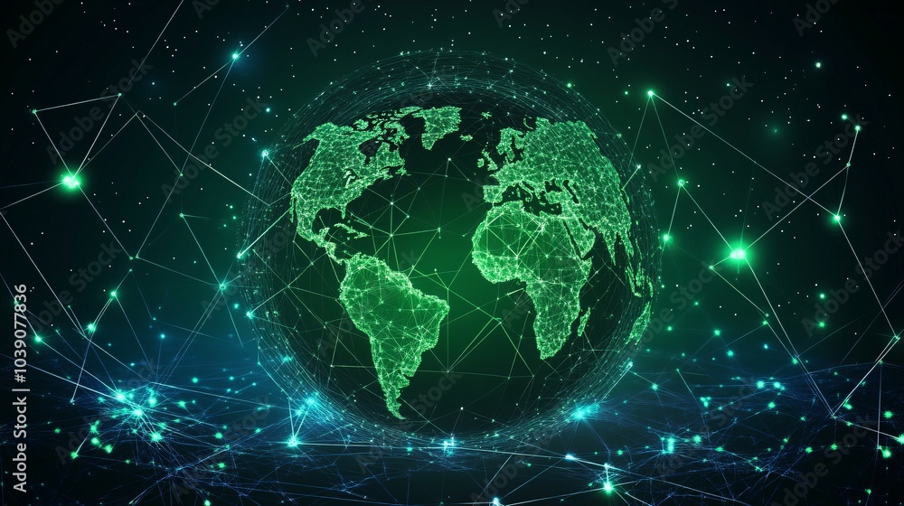 A Green-Toned Earth Globe Enclosed in a Network of Connected Lines A Green-Toned Earth Globe Enclosed in a Network of Connected Lines