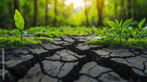 Close-up of green plants growing from cracked earth in a sunlit forest.