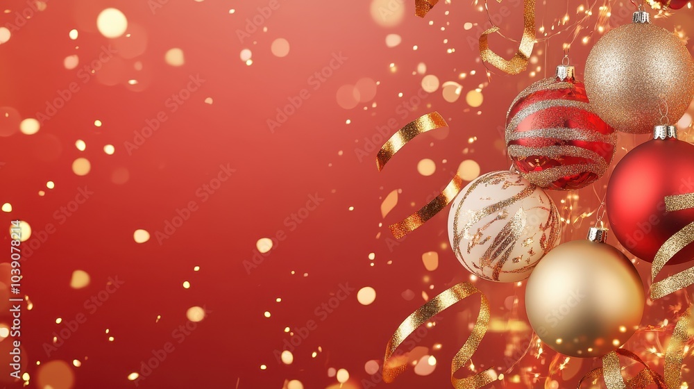 Festive Christmas Ornament Cluster with Sparkling Golden Ribbon on Red Background Festive Christmas Ornament Cluster with Sparkling Golden Ribbon on Red Background