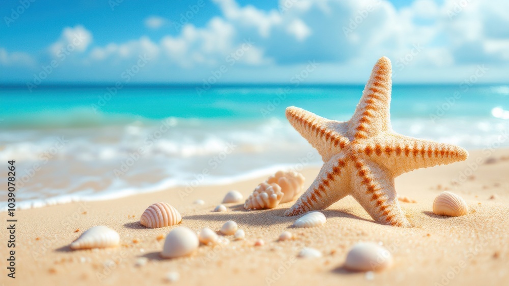 Seashells and Starfish on sandy Beach, ocean waves in the background Seashells and Starfish on sandy Beach, ocean waves in the background