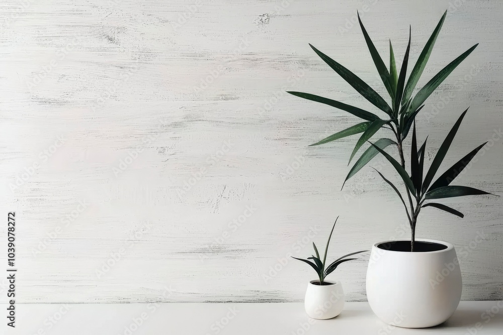Two White Pots with Green Plants Against a White Wall Two White Pots with Green Plants Against a White Wall