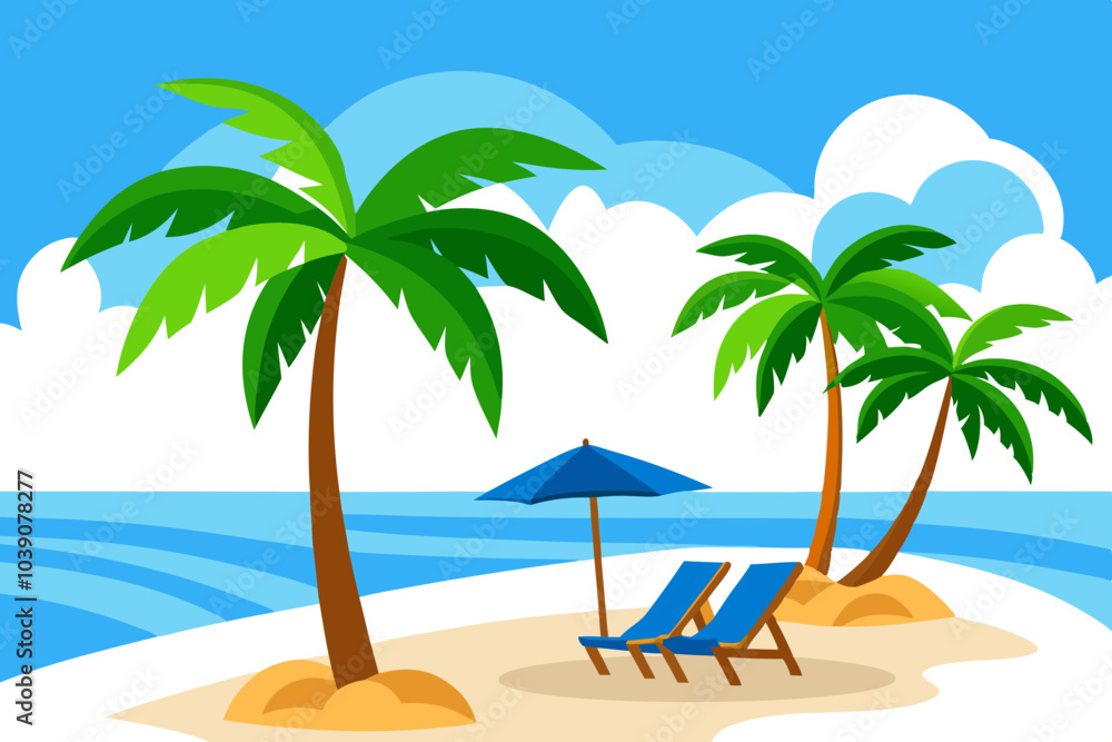 Obraz premium Coconut trees and beach couches with blue sky. Landscape photo of Coconut trees and couches on white sand beach with blue sky