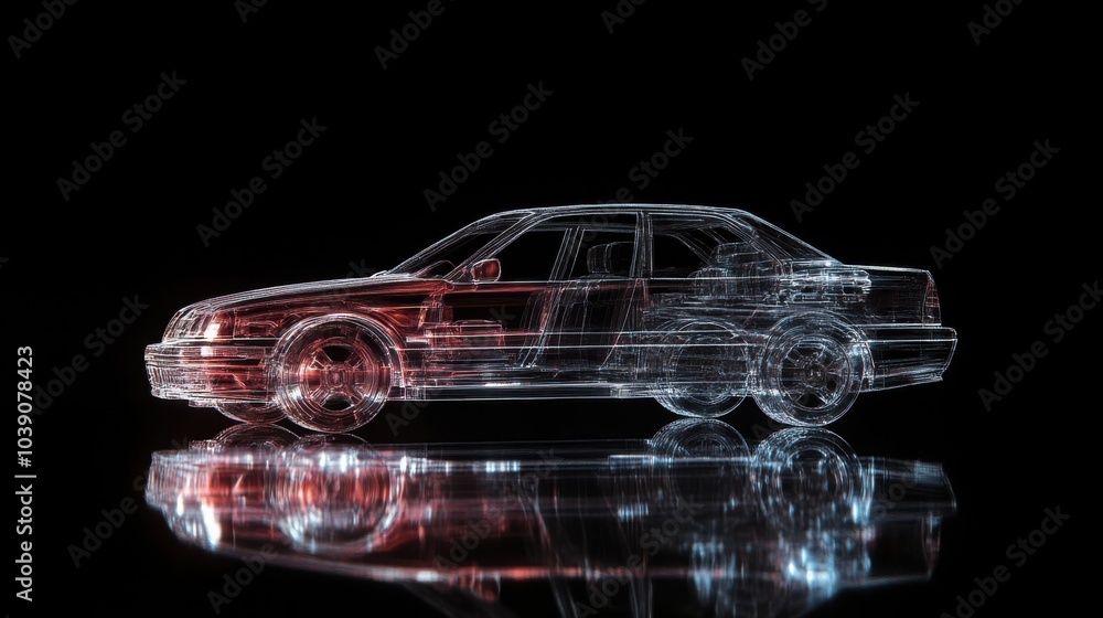 Hologram of ordinary car structure on black background side view Hologram of ordinary car structure on black background side view
