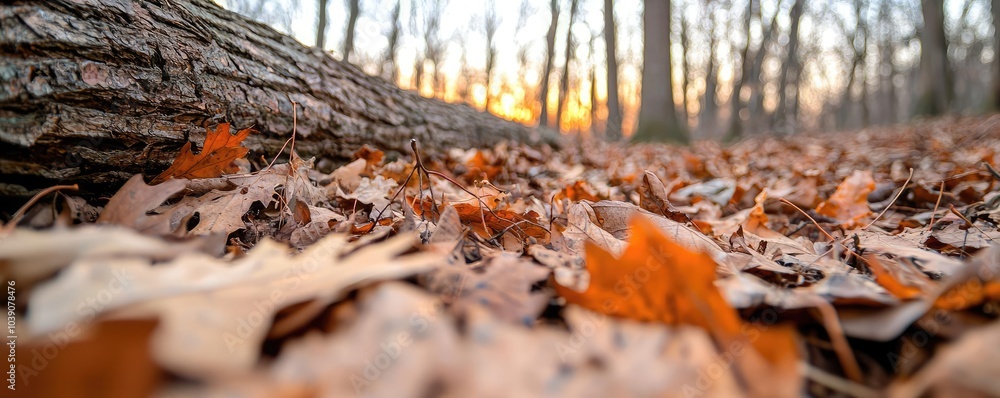 Close-up of fallen leaves on the forest floor during autumn at sunset. Close-up of fallen leaves on the forest floor during autumn at sunset.