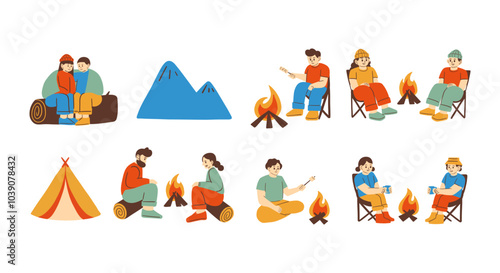 Cozy Campfire Moments Outdoor. A illustrations people enjoying campfires, perfect for projects about camping, travel, and nature. Includes group gatherings, solo moments, and mountain landscapes