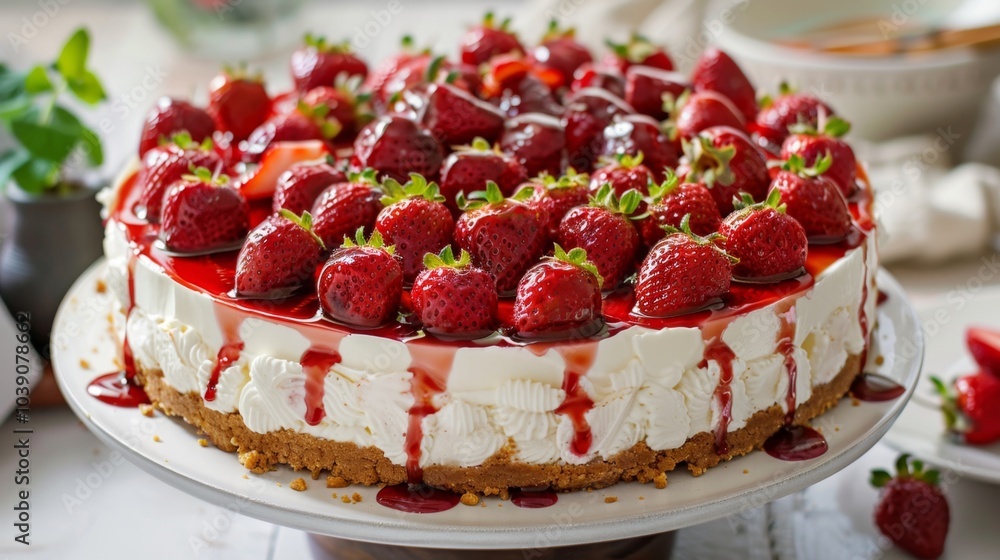 Fresh Strawberry Cheesecake on Decorative Plate Fresh Strawberry Cheesecake on Decorative Plate