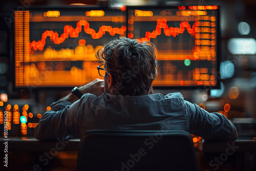 A day trader carefully watching charts to capitalize on small, short-term movements in stock prices, reflecting a high-risk strategy. Concept of trading. photo