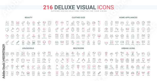 Home smart appliances, household, fashion clothes size, infrastructure line icon set. Kitchen and living room equipment, bedroom and restroom thin black and red outline symbols vector illustration