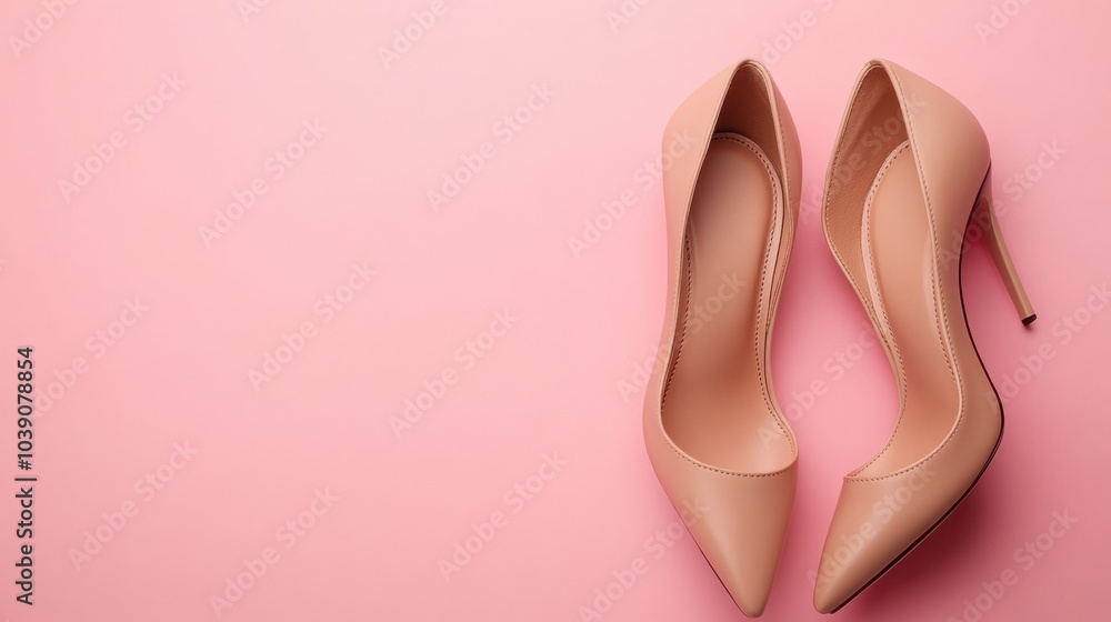 Pair of elegant high-heeled shoes in beige color, placed on a solid pastel pink background Pair of elegant high-heeled shoes in beige color, placed on a solid pastel pink background