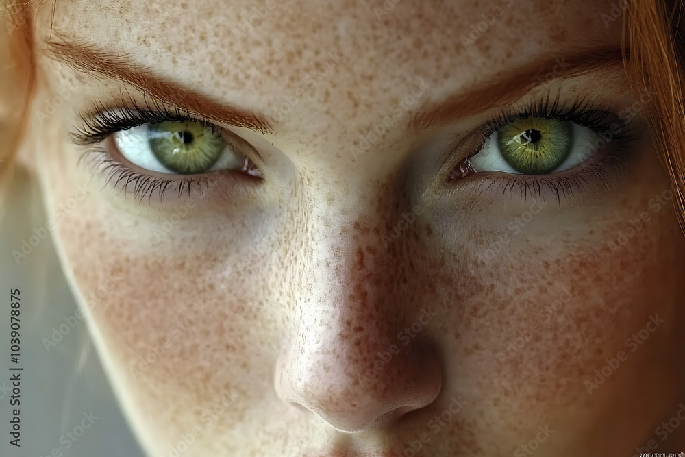 Emerald Gaze: Close-up portrait of a woman with striking green eyes and freckles. The image emphasizes the details of her face, creating an intimate and captivating mood. Emerald Gaze: Close-up portrait of a woman with striking green eyes and freckles. The image emphasizes the details of her face, creating an intimate and captivating mood.