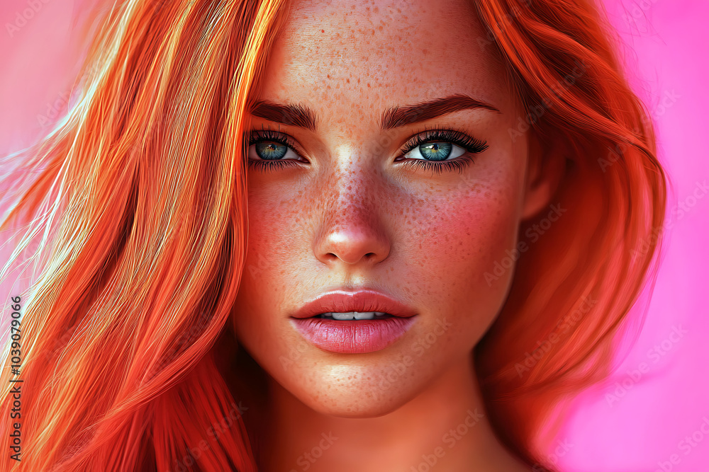 Redhead Beauty: A captivating portrait of a woman with stunning red hair and piercing blue eyes, radiating confidence and allure against a vibrant pink background. Redhead Beauty: A captivating portrait of a woman with stunning red hair and piercing blue eyes, radiating confidence and allure against a vibrant pink background.